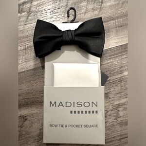 Belk Silky Black Bowtie, White handkerchief/ Pocket Square.